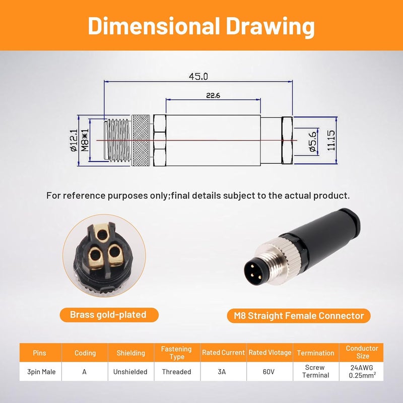 Elecbee 5PCS M8 3 Pin Connector Field Wireable A Code Industrial Circular Connector Straight Male Assemble Type Plug Non-Shield Connector, Outdoor Waterproof IP67 - Image 2